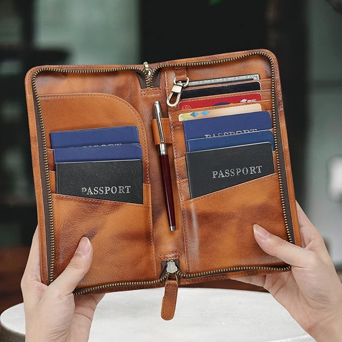 Polare Full Grain Leather Family Travel Passport Wallet and Documents Organizer RFID Blocking Case Holder Fits 6 Passports for Men and Women