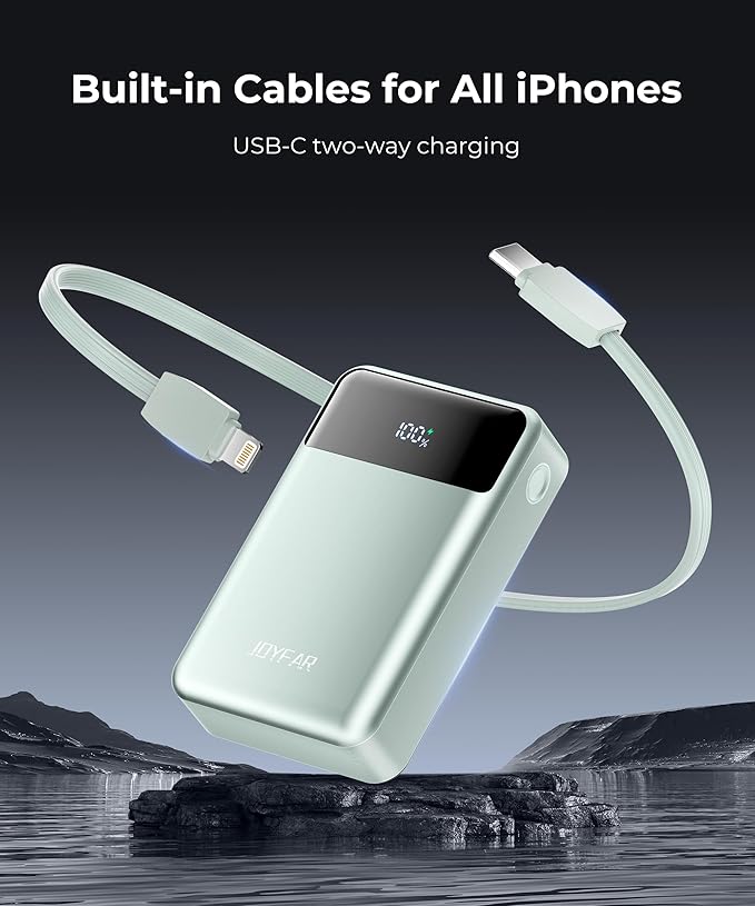 Portable-Charger-Power-Bank Travel Essentials Battery Pack USB C 30000mAh Built in Cable 22.5W Phone Fast Charging Powerbank Compatible with iPhone 16 15 14 13 12 11 iPad Samsung Google (Green)