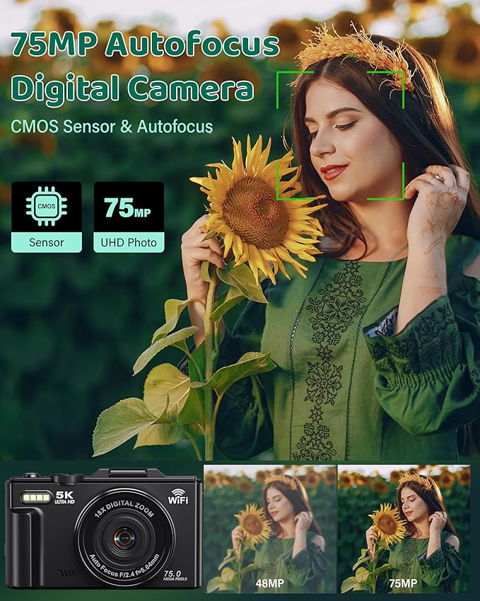 5K Digital Camera - WiFi 75MP Cameras for Photography - UHD Vlogging Camera for YouTube with 3" 180° Flip Screen - Autofocus Compact Video Travel Camara with 18X Zoom, 32GB SD Card, 2 Batteries