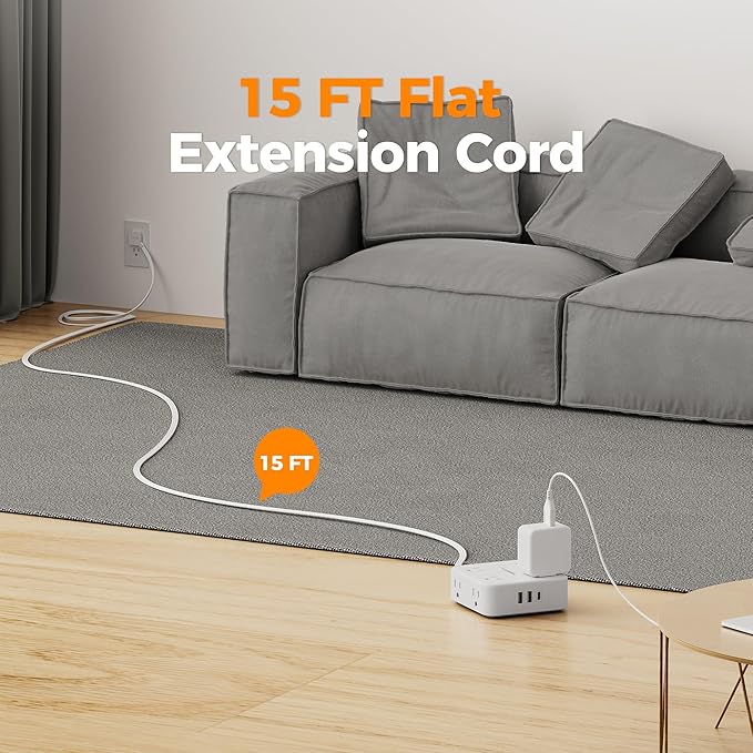 Surge Protector Power Strip, TESSAN 15 FT White Extension Cord Flat Plug with 8 AC Outlets 3 USB Ports (1 USB C), 900J Surge Protection, 3 Sided Wall Mountable Outlet Extender for Office Dorm Room