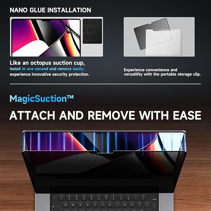 Mamol Privacy Screen for MacBook Pro 16 Inch (2021-2025, M1, M2, M3, M4) - A2991 A2485 A2780, MagicSuction™ Removable Vacuum Adsorption Anti Spy,Anti Glare Anti Blue Light Filter