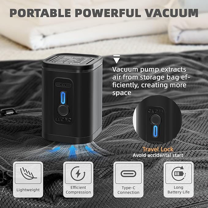 Luvan Travel Vacuum Bags for Luggage with Wireless Pump, Reusable Space Saver 33L Compression Clothing Packing Storage Organizer Cube for Carry On Suitcases and Backpack, IP67 Waterproof (1PC+1 Pump)