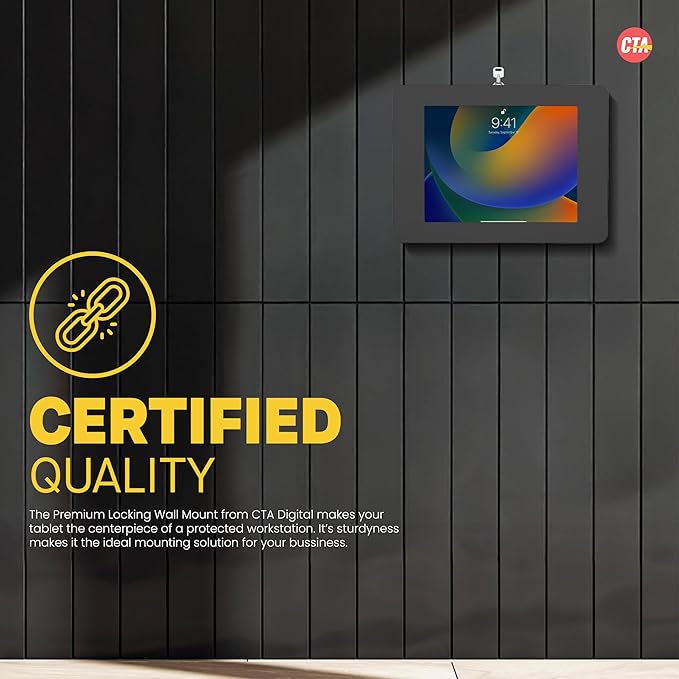 Locking iPad Wall Mount - CTA Anti-Theft Small Locking Tablet Enclosure w/ Key Lock & Interior Cable Routing for iPad Mini 1, 2, 3, 4, 5, 6, Samsung Tab A 8″, Lenovo Tab E8 - Black - (PAD-PSWB)