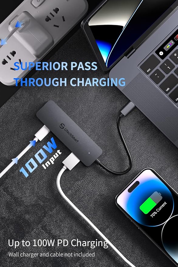 UtechSmart USB Hub, 4-Port USB 3.0 Hub, Ultra-Slim USB Adapter for Laptop, 5Gbps Fast Data Transfer, USB 3.0 Splitter for Dell, HP, MacBook (Grey)