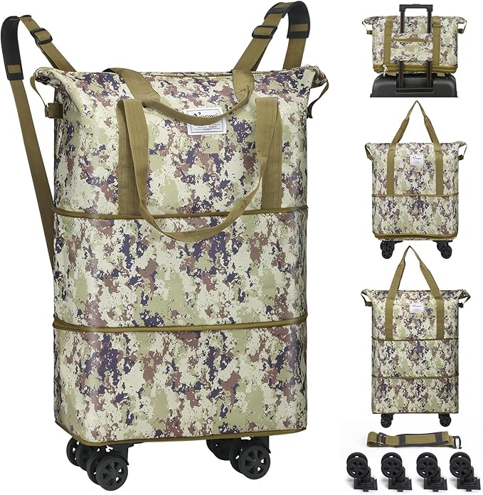 VOOWO Duffel Bag with Wheels - Rolling Foldable Expandable Duffle Bag with Wheels for Travel, Rolling Luggage Carry On Bag with Wheels, Large Rolling Backpack Weekend Bags for Men Women (Camouflage)