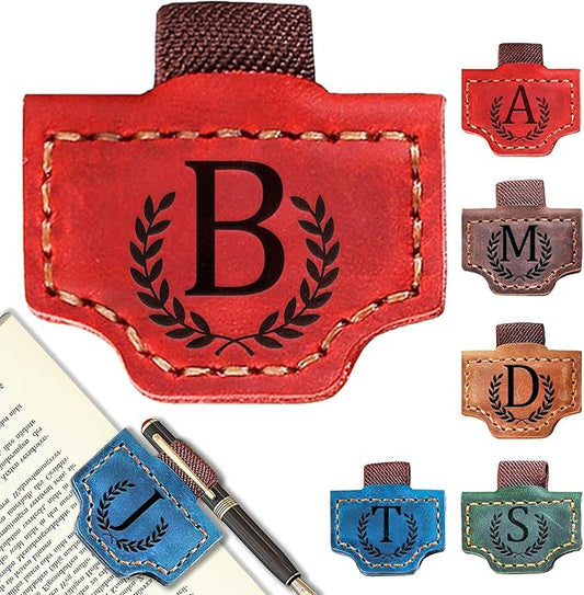 Personalized Bygone Mark Bookmark with Pen Holder, Leather Magnetic Bookmark 26 Letters Name Initial Bookmarks for Readers, Book Lover Gifts for Women Men Notebook Accessories (Red, B)