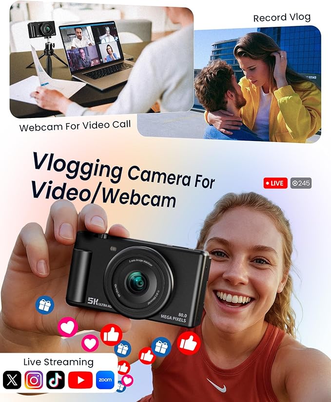 True 5K Digital Camera for Photography, Autofocus 80MP with 18X Digital Zoom 3" 270°Flip Screen Dual-Lens Selfie Camera for YouTube Vlogging & Content Creation, 2 Batteries, 32GB Card & Flash，Black