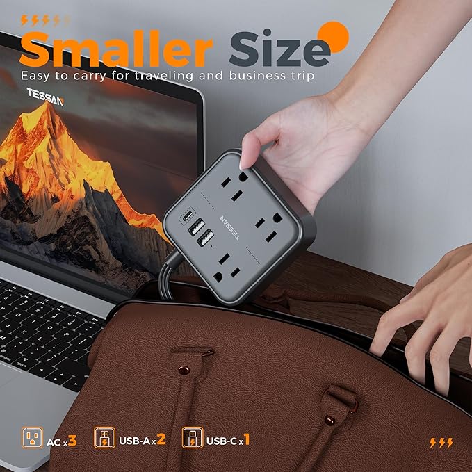 Surge Protector Power Strip, TESSAN Flat Extension Cord 5 FT with USB Ports (1 USB C) and 3 Outlets, Ultra Thin Flat Plug Wall Charger for Home, Office, School, Dorm Room Essentials, Black