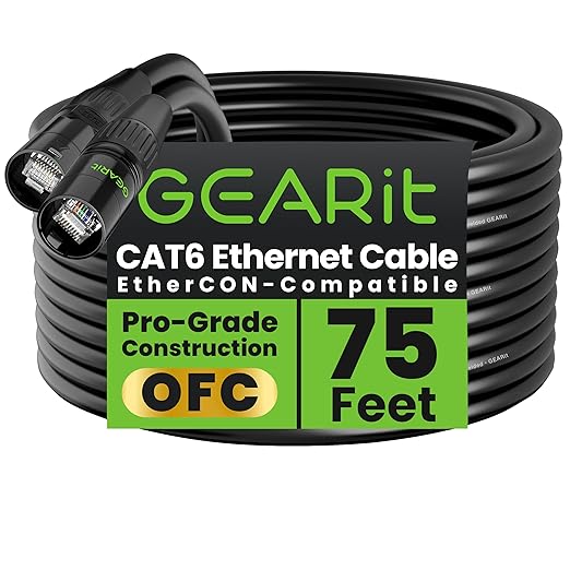 GEARit Shielded CAT6 Ethercon Cable (75 Feet) Professional Audio & Lighting RJ45 EtherCON-Compatible Cable for Studio, Stage, Concerts - 75ft Black