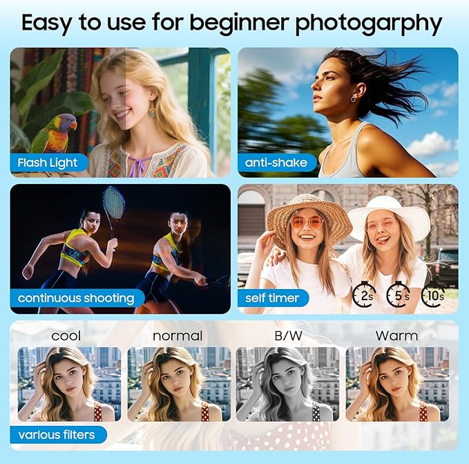 4K Digital Camera, 64MP Vlogging Camera for Photography with 3" 180° Flip Screen, 16X Compact Digital Camera with 64GB Micro SD Card for Beginner (White)