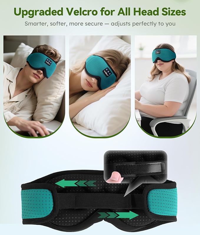 MUSICOZY Sleep Headphones Breathable Bluetooth Headband 3D Sleeping Headphones, Wireless Music Eye Mask Sleep Earbuds for Side Sleeper Women,Men Office Air Travel Cool Tech Gadgets Unique Gifts Green