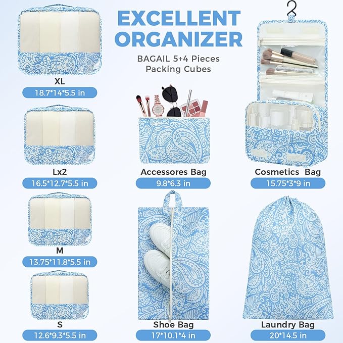 BAGAIL 9 Set Packing Cubes Luggage Packing Organizers for Travel Accessories