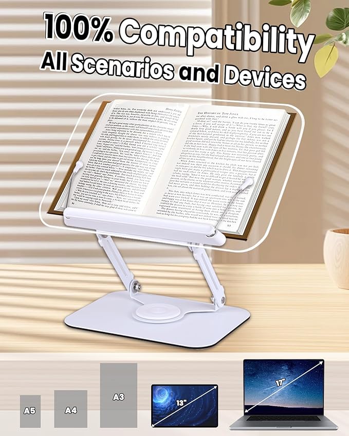 ASIEIT Book Stand for Reading, Acrylic Adjustable Book Holder with 360° Rotating Bases & Elastic Page Clips, Foldable Desktop Riser, Multifunctional Display Stand for Bible, Laptop, Recipe, Textbook