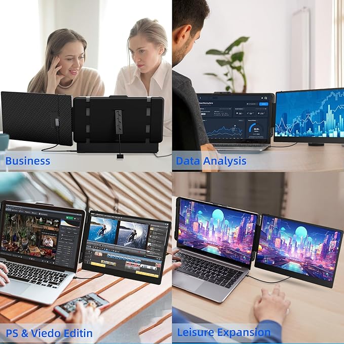 Laptop Screen Extender Travel Monitor - 14" Dual Portable Monitor IPS FHD 1080P Travel Work Extra Screen Plug and Paly USB-C HDMI Port Compatible with Wins Mac Chrome Dex Fits 13-17" Laptops