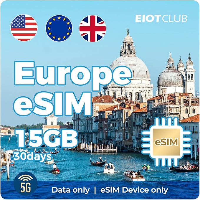 Europe eSIM, 15GB for 30 Days - 5G/4G High-Speed Network Prepaid eSIM in Europe and USA-34 Countries, QR Code Activation, Data ONLY, No Voice/SMS