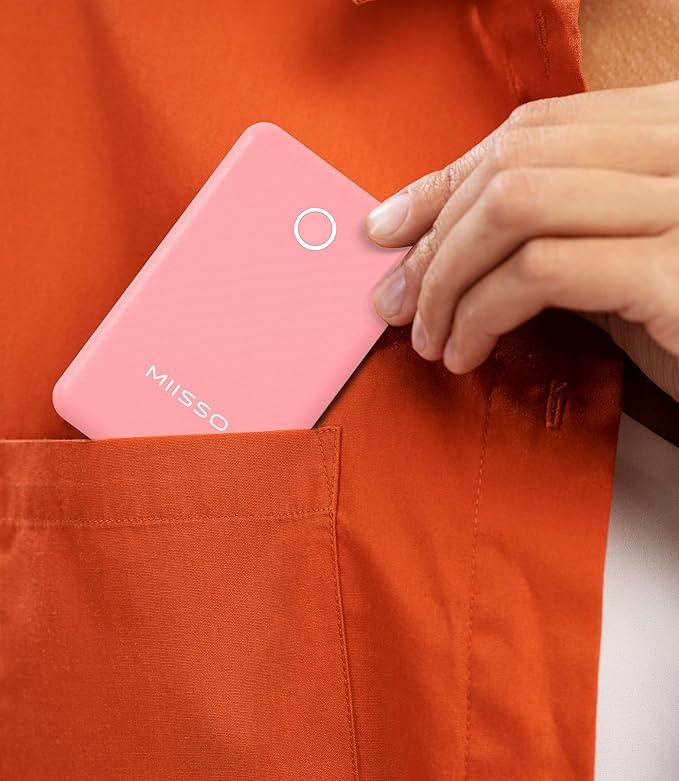 miisso 6000mah Ultra Slim Built in Cables Power Bank, Card Size Built in USB C Cords Battery Pack Portable Charger for Phones, 3 Output External Battery Pack Compatible with iPhone, Samsung, Pink