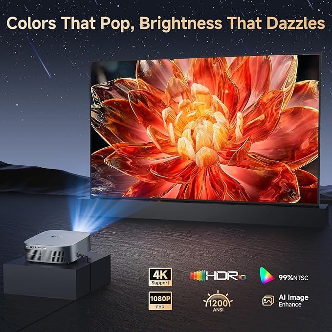 [Short Throw/1200ANSI/Built in Apps] Projector 4K with WiFi and Bluetooth, TOF Auto Focus Keystone Smart Projector for Dolby Audio Home Theater Movie, Kogata Outdoor Projector Portable Ceiling