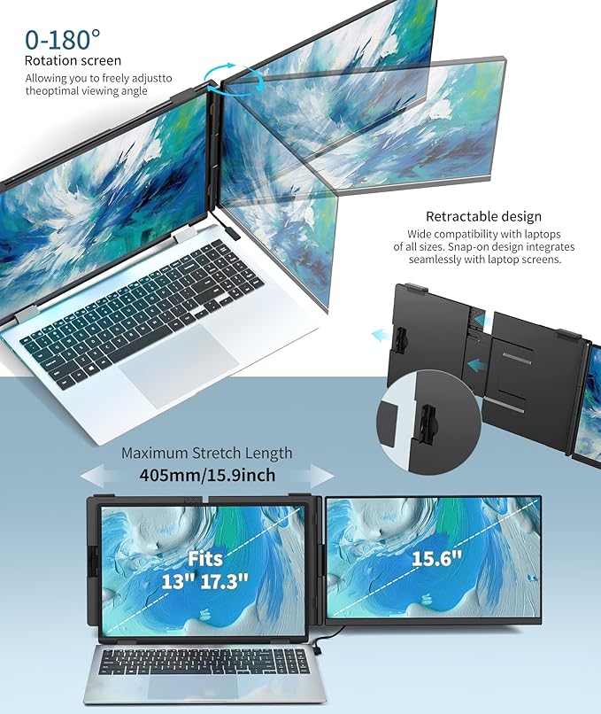 Laptop Screen Extender - 15.6" FHD 1080P Portable Monitor for Laptop, Detachable & Plug and Play Dual Monitor Extender for 13"-17.3" Laptops, Compatible with Wins/Mac/Android/Chrome