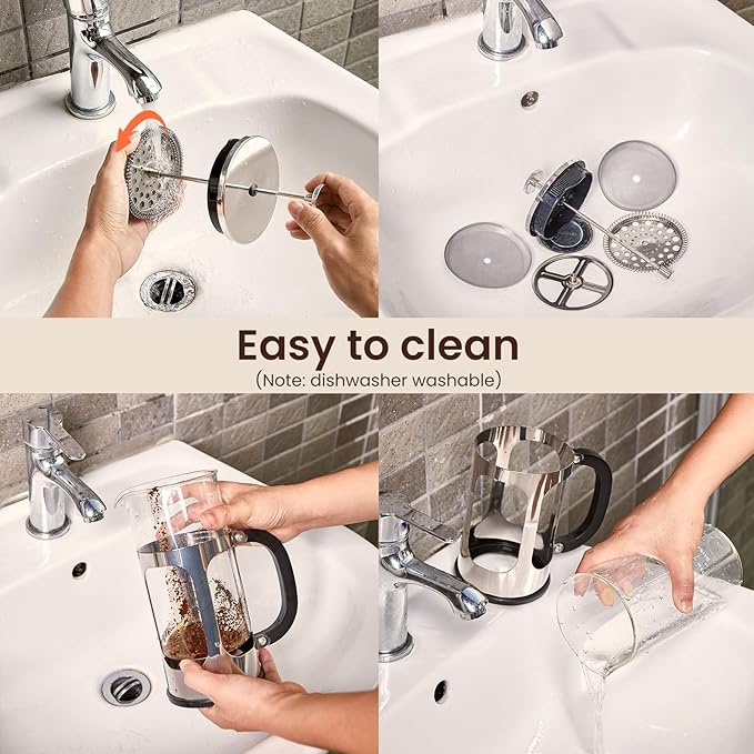 BAYKA 34oz French Press Cold Brew Coffee Maker, Heat and Cold Resistant Thickened Borosilicate Glass Stainless Steel Coffee Press, Iced Coffee Pot Tea Pitcher for Kitchen Travel Camping,1 Liter,Silver