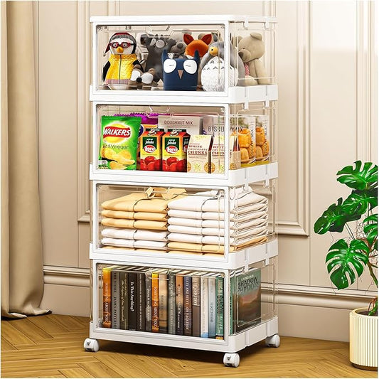 Clear Storage Bins with Lid 24Qt, 4 Pack Stackable Storage Bins, Acrylic Organizers, Plastic Multifunctional Folding Storage Bins, Plastic Stackable Storage Box for Bedroom, Living Room, Office