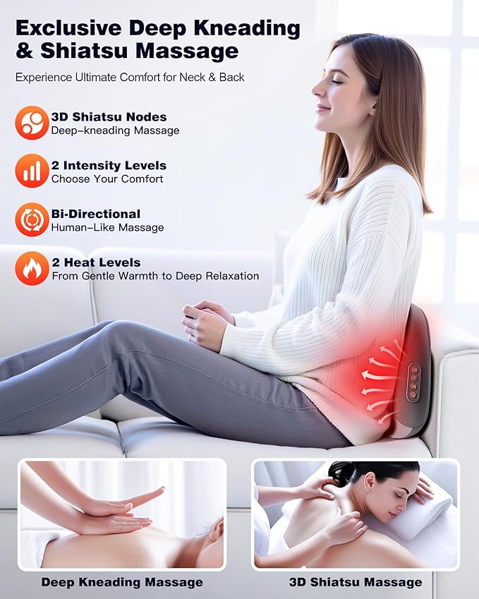 Shiatsu Back and Neck Massager with Heat – Deep Kneading Massage Pillow for Relaxation – Corded Design for Full Body Use – Gift for Loved Ones