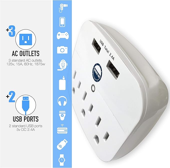 Cruise Approved Power Strip - Non Surge Protector for Cruise Ship with 2 USB Outlets - Cruise Ship Essentials 2025 for Carnival, Princess, Norwegian, Holland America, MSC & Major Cruise Lines (White)