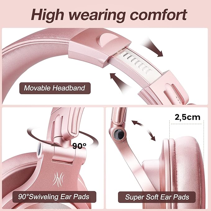 OneOdio A70 Bluetooth Over Ear Headphones, Wireless Headphones w/ 72H Playtime, Hi-Res, 3.5mm/6.35mm Wired Audio Jack for Studio Monitor & Mixing DJ Guitar AMP, Computer Laptop PC Tablet - Rose Gold