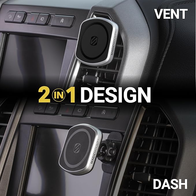 Scosche MP2DVM MagicMount Pro2 Magnetic Cell Phone Holder, Adhesive Car Dashboard Mount with Removable Vent Clip, Hands-Free Phone Stand Compatible with MagSafe, iPhone 16/15/14/13/12 Series and More