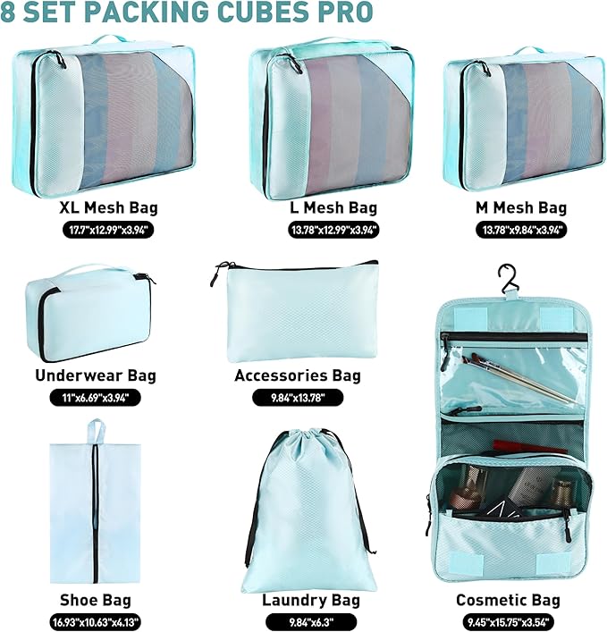 8-Piece Packing Cubes for Travel, Mesh Luggage Organizers with Shoe Bag, Toiletry Bag, Laundry Pouches, 4 Sizes (XL/L/M/S) for Suitcase Organization, Men Women Kids, Lake Blue