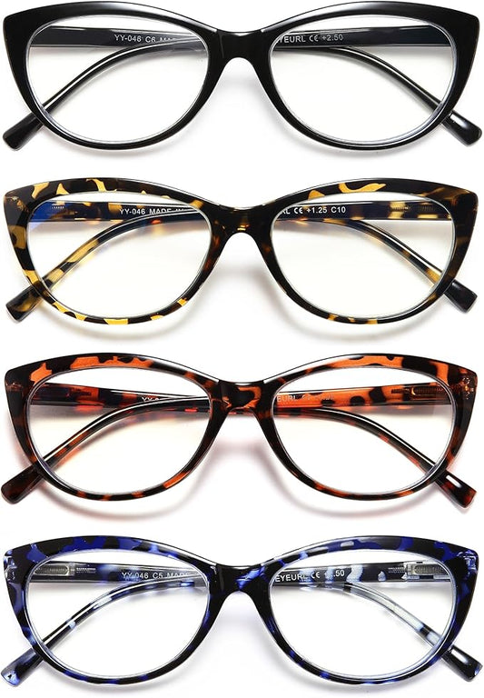EYEURL 4 Pack Cat Eye Reading Glasses for Women Blue Light Blocking Readers Lightweight Spring Hinge Anti Eyestrain UV Fashion Eyeglasses +3.5