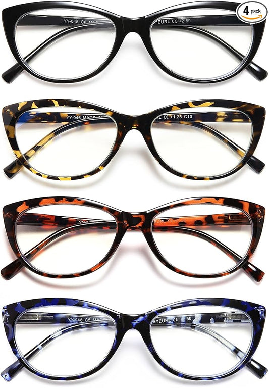 EYEURL 4 Pack Cat Eye Reading Glasses for Women Blue Light Blocking Readers Lightweight Spring Hinge Anti Eyestrain UV Fashion Eyeglasses +0.5