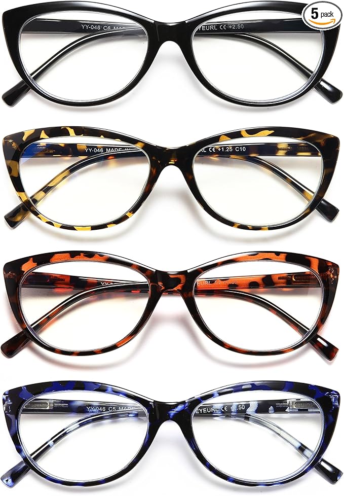 EYEURL 4 Pack Cat Eye Reading Glasses for Women Blue Light Blocking Readers Lightweight Spring Hinge Anti Eyestrain UV Fashion Eyeglasses +1.50