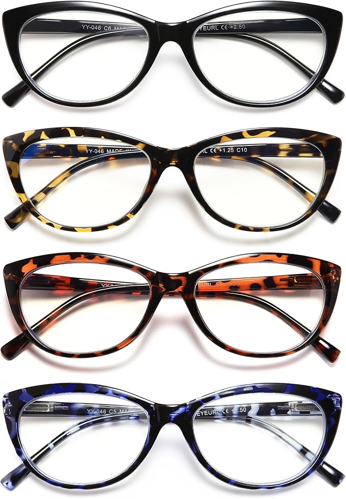 EYEURL 4 Pack Cat Eye Reading Glasses for Women Blue Light Blocking Readers Lightweight Spring Hinge Anti Eyestrain UV Fashion Eyeglasses +3.0
