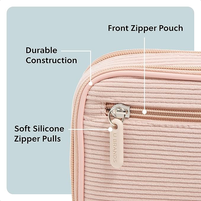 U Brands Dual Zip Corduroy Travel Electronics Organizer, Tech Carry Case, Portable Travel Bag, Cord Storage, 8" x 5.25" x 2.5", Dusty Rose Pink