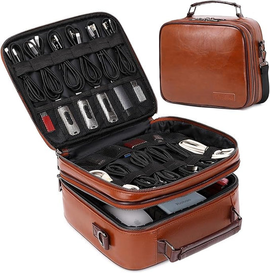 KYALOU Electronics Travel Organizer, Large Electronic Accessories Cable Case with Adjustable Dividers, Waterproof Tech Storage Bag Gifts with Double Layers for Cord, Charger, Power Bank - Brown