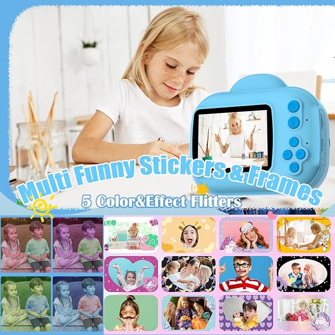 Kids Camera Instant Print Camera for Kids, Toddler Cameras Christmas Birthday Gifts for Girls Boy, 1080P HD Digital Video Cameras, Portable Toy for 4 5 6 7 8 9 10 Year Girl with SD Card (Blue)