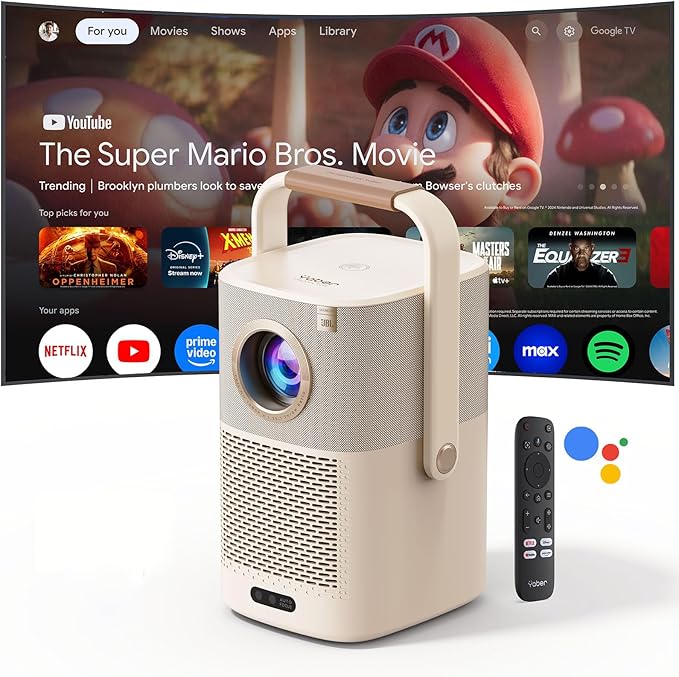 [Sound by JBL & Built-in Battery] Yaber T2 Plus GTV Outdoor Projector - Smart Projector with WiFi 6 and Bluetooth, Native 1080P Movie Portable Projector for Indoor and Outdoor (Google TV System)