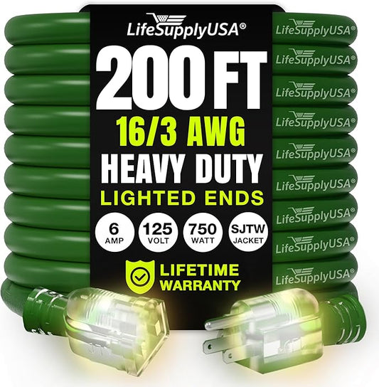 200ft Outdoor/Indoor Extension Cord 16/3 Gauge Heavy Duty 3 Prong SJTW, Waterproof, Flexible Cold-Resistant Long Power Cord,6A 125V 750W, Green by LifeSupplyUSA