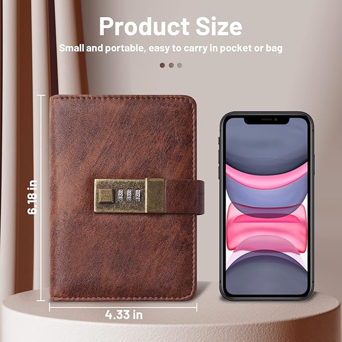 WEMATE Password Book with Lock, Password Book with Alphabetical Tabs 600+ Password Spaces, Password Logbook, Password Keeper for Computer 4.33 X 6.18 Inch Brown