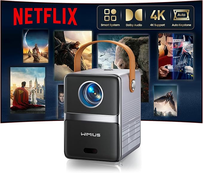 [Netflix-Licensed & Portable]Smart Mini Projector with WiFi and Bluetooth, 4K Supported,Dolby Audio,Auto Keystone & Electric Focus Outdoor Movie Projectors,WiMiUS Native 1080P HD Proyector