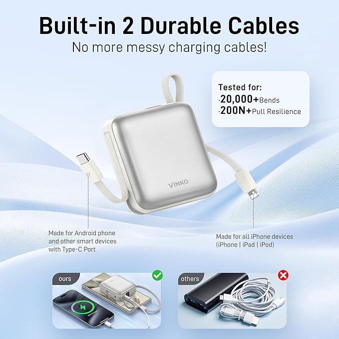VINKO Portable Charger Power Bank, 10000mAh Travel Essentials Battery Pack, 22.5W Fast Charging USB C Charging Bank Built-in Cables Cords Wires Compatible with iPhone,Samsung,Android(White)