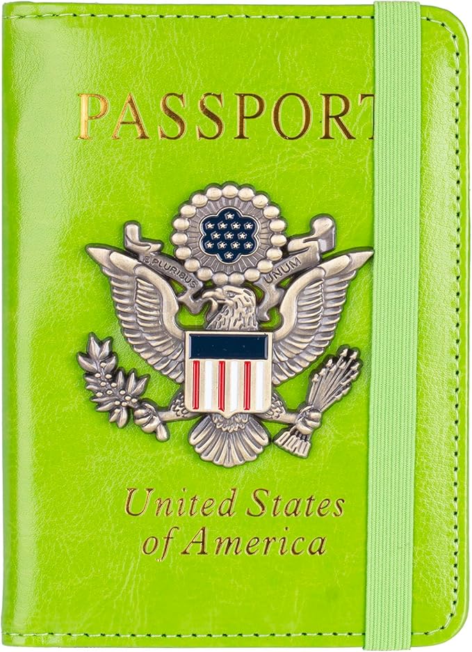 TOURSUIT RFID Blocking Passport Holder for Women Men, Leather Passport Travel Wallet with Metal 3D Metal Badge, Travel Document Holder Cover Accessories (Green)