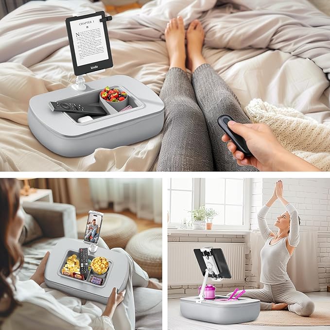 Tablet Stand Pillow with Snack Bowl, iPad Lap Holder for Hands-Free Reading and Relaxation on Bed,Couch,Recliner, 360° Rotating Clip for 4.7-13" Kindle,eBook,Tablet,iPhone (Light Gray)