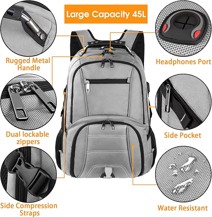 LTINVECK Extra Large 50L Travel Laptop Backpack, Computer bag Backbag with USB Charging Port, TSA Friendly Durable Big RFID Heavy Duty Business Tech Backpack Fits 17 Inch Laptops for Men Women, Grey