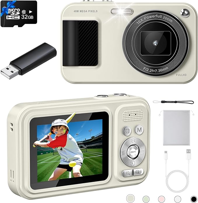 Digital Camera, FHD 1080P 48MP Kids Camera, Autofocus Point and Shoot Digital Cameras with 32GB Card, 16X Zoom Anti-Shake, Compact Small Camera with 1500mAH Built-in Batteries for Boys Girls Kids