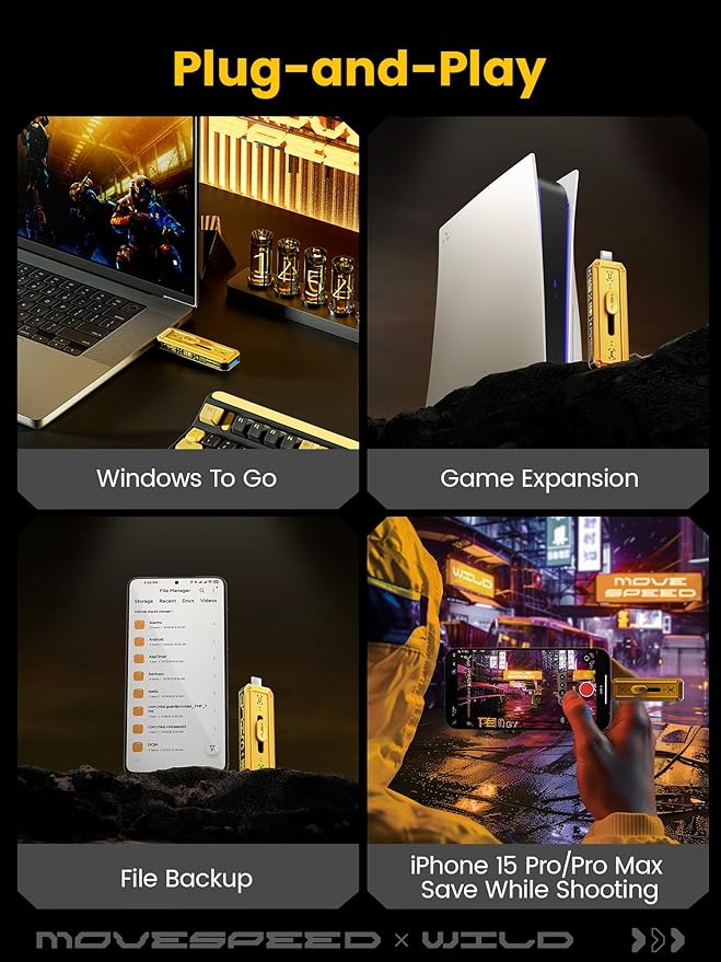 MOVE SPEED 128GB Flash Drive 1000MB/s Read Write Speed,USB 3.2 Gen2+USB C External SSD with Dual Ports, Portable SSD 3-Stage Push-Pull Design, Thumb Drive for iPhone 15/16 Series/Mac/Android Phone etc