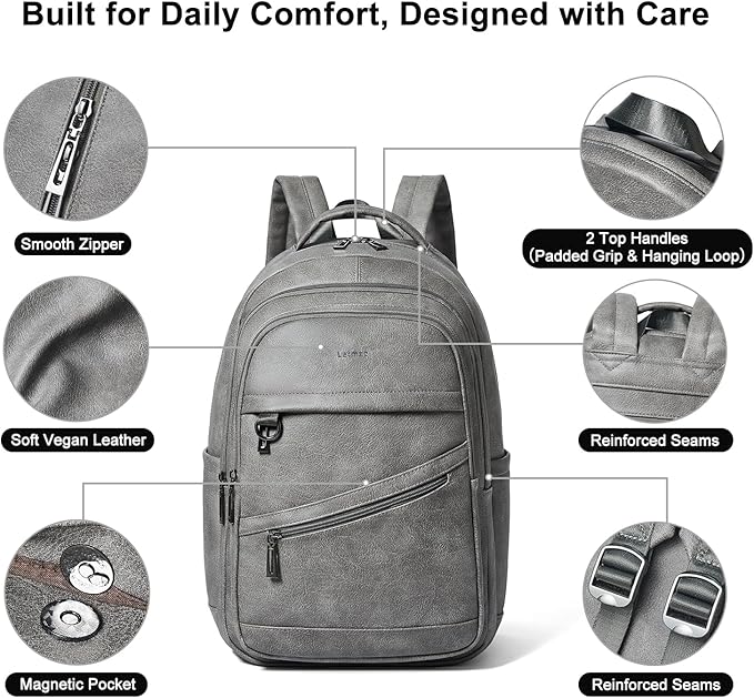 43L Backpack for Women Men - Vegan Leather Backpack Purse Travel Carry-on Bag College Bookbag Work fits 17" Laptop,DimGray