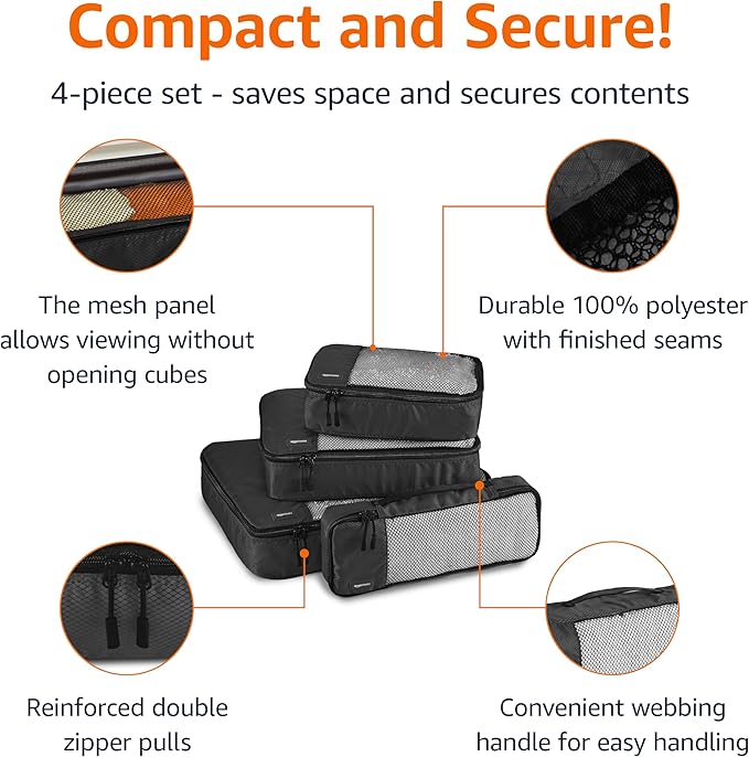 Amazon Essentials 4-Piece Packing Cubes Travel Accessories Set, Luggage Organizer with Double Zipper, Mesh Top, 100% Polyester, Small/Medium/Large/Slim, Black (Previously Amazon Basics)