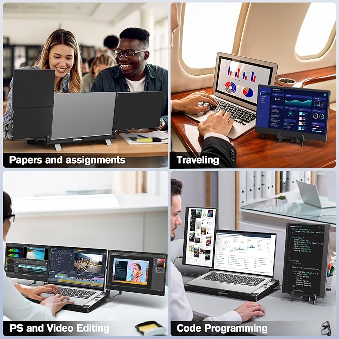 Laptop Triple Screen Extender - 14" Monitor IPS FHD 1080P HDMI USB-C Detachable Portable Display for 12-17.3 Inch Laptops Compatible with Windows Mac Chrome Surface Metal Base Travel Work Setup
