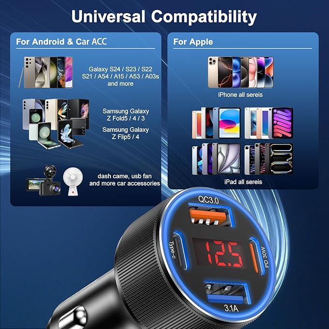 Car Charger USB C, Besgoods 4 Ports Cigarette Lighter USB Charger USB C Car Adapter PD/QC Fast Charging with Voltmeter for iPhone 17 16 15 14 13 12 Galaxy S24 S23 A54 A16 Android Dash Cam, 2Pack